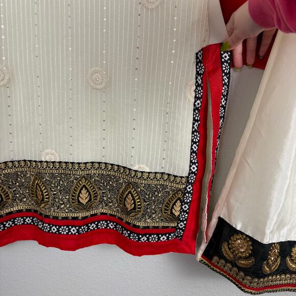 Approx S/M Cream White Red Kurta Set Top Pants & Dupatta Embellished Embroidered - Picture 7 of 16